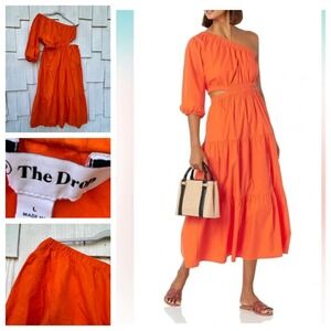The Drop Orange One Shoulder Cutout Tiered Resort Maxi Dress L Cotton